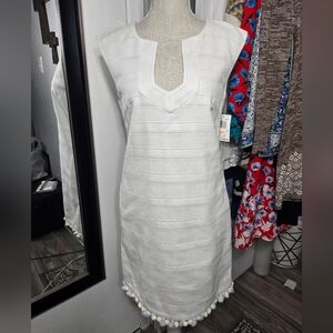 Trina Turk Lura Sleeveless Tunic Shift Dress Tonal Stripe Pom Pom Trim in White